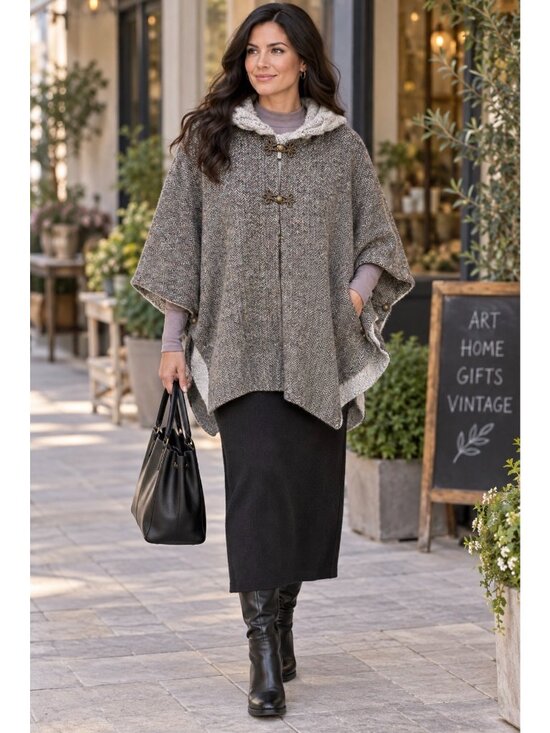 Aran Sweater Market Jackets & Blazers - Aran  Womens Tweed Poncho W/ Hood Size M/L Herringbone Merino Wool Sweater Lined